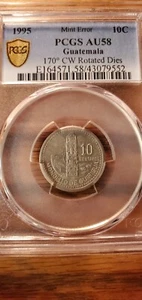 1995 10 Centavos Guatemala Error 170 % Rotated Die AU58 PCGS 30 Days Return - Picture 1 of 5