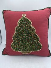 Pier One Red And Green Beaded  Christmas Tree Pillow  13x13 Holiday Decor