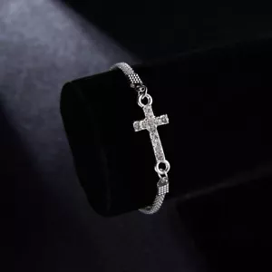 Fashion Men Women Silver Charm Cross Crystal Bracelet Adjustable Bangle Jewelry - Picture 1 of 3