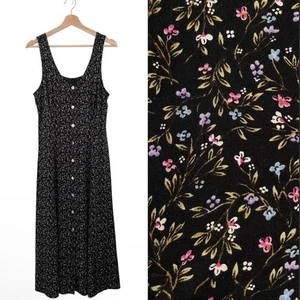 Vintage Olivia James Ditsy Floral Dress Button Front Midi Maxi Black Medium 90s - Picture 1 of 14