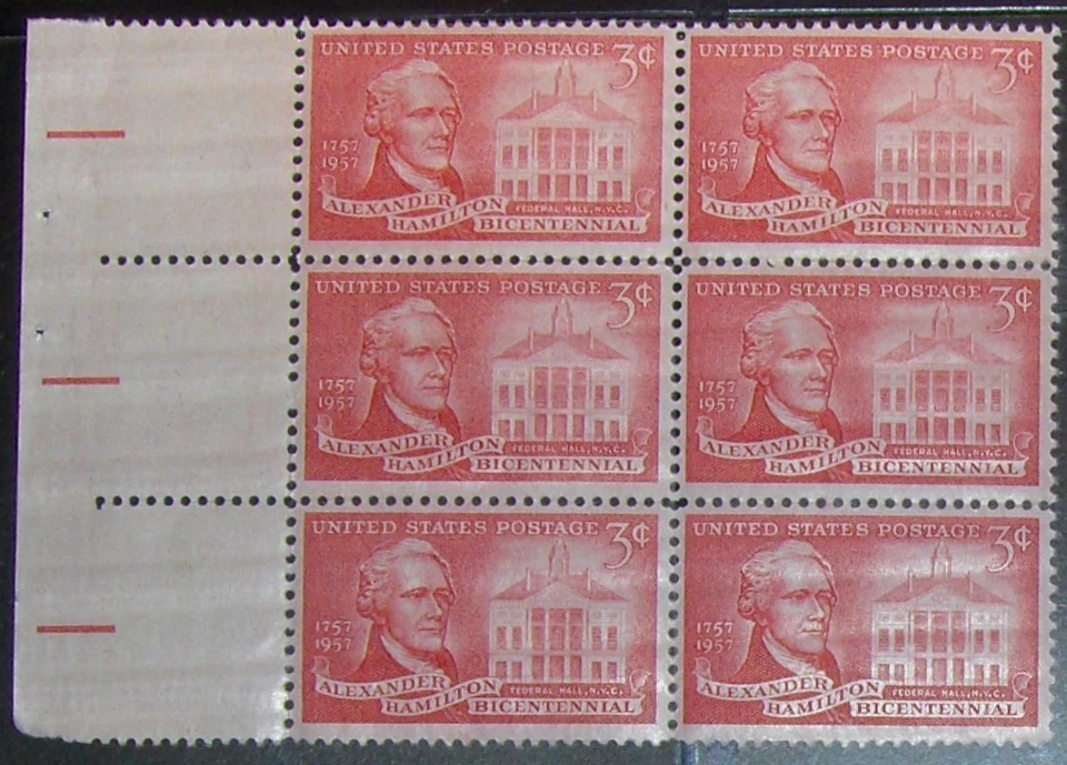 US 3¢ stamp SC #1086 Alexander Hamilton Bicentennial block of 6 MNH 1957 - Image 1 of 1