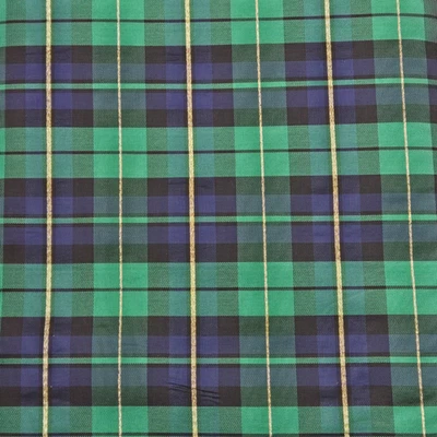 Vintage Christmas Tartan Plaid Fabric Metallic Poplin 60" Navy Green BY THE YARD - Image 1 of 4