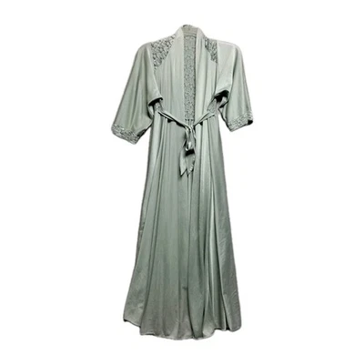Vintage 1950s Women’s Satin Lace Robe Sage Green Mid Sleeve Long Belted Gown   - Image 1 of 4