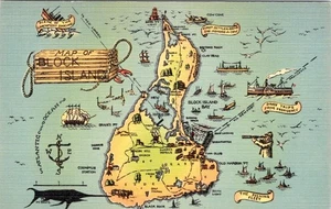 New Shoreham, RI Rhode Island  BLOCK ISLAND MAP CARD  ca1940's Linen Postcard - Picture 1 of 2