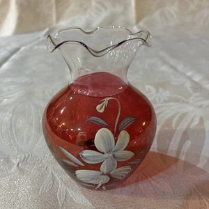 Kleine Vase/rosa Glas/handbemalte Blumen/4,5" - Bild 1 von 7