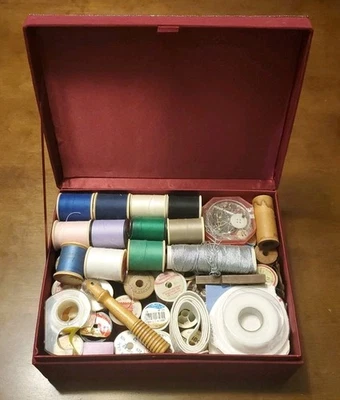Vintage Lot of Sewing Thread Spools and various sewing items in box 50+ - Image 1 of 4