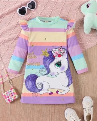New Girls Unicorn Print Long Sleeve Rainbow Striped A-Line Dress - Image 1 of 3