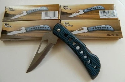 CUCHILLOS CARPETA APERTURA OJO DE ÁGUILA AZUL, GRANO MADERA, 3 7/8", BLOQUEO TRASERO, ¡LOTE DE 4!! Foto 1 de 4