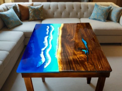 Walnut Wooden Epoxy Square Ocean Waves Epoxy Coffee Table Top, Living Room Decor - Image 1 of 4