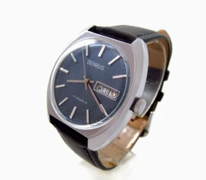 Gorgeous BENRUS Blue Dial Day/Date STAINLESS Men's Vintage Watch Marked Germany - Picture 1 of 4