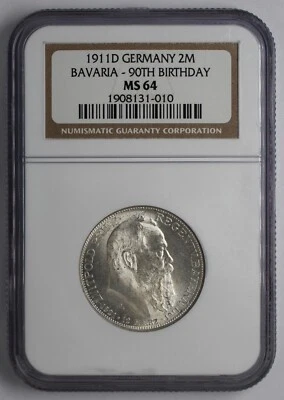 1911 D Germany Silver 2 Mark Bavaria 90th Birthday NGC MS 64 - Image 1 of 4