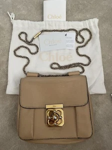 Chloe Elsie Turn Lock Leather Chain Shoulder Bag Light Brown Beige Gold Hardware - Picture 1 of 19