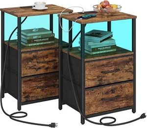 New- LED End Table with Charging Station, Nightstand with Cloth Drawer, S - Picture 1 of 5