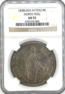 1838 NGC AU 55 North Peru 8 Reales Lima Standing Liberty Silver Coin - Picture 1 of 5