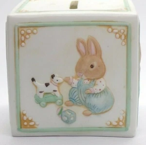 Banco de conejito cuadrado de porcelana bisque/banco cuadrado con sello/banco de ahorros para niños - Imagen 1 de 6