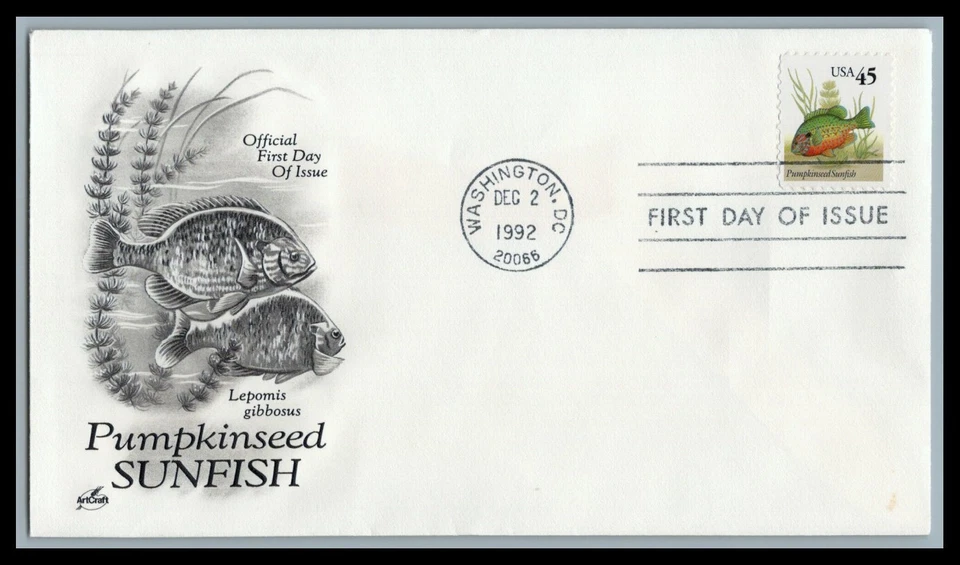 US FDC # 2481 45c Pumpkinseed Fish ArtCraft   1992, 9F444 - Image 1 of 1