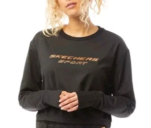 Skechers Betsy Sudadera Recortada Crew Manga Larga Jersey Mujer Reino Unido 8 Negra Nueva - Imagen 1 de 13