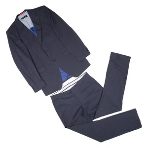 TOMMY HILFIGER Mens Suit Blue Regular Knit Wool Pinstripe L W34 L33 - Picture 1 of 6