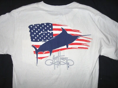 GUY HARVEY ORIGINAL SWORDFISH FLAG PERFORMANCE T-SHIRT SZ S WHITE COTTON POCKET  - Image 1 of 4