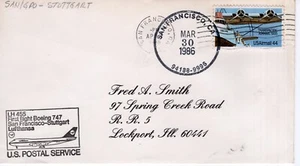LUFTHANSA AIRLINES BOEING 747 FIRST FLIGHT,  SAN FRANCISCO, CA  1986 FDC18670 - Picture 1 of 2