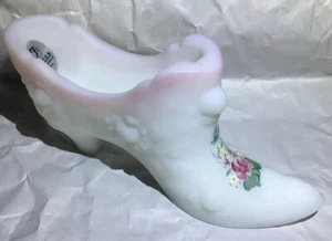 Fenton Satin Milk Glass Shoe Cabbage Rose Slipper Pink Handpainted Signed VTG/64 - Picture 1 of 9