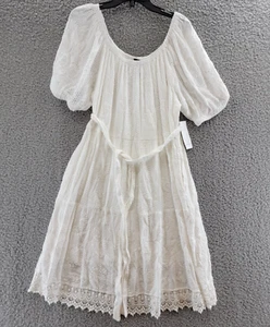 Karen Kane Embroidered Eyelet Puff Sleeve Dress Women's L White Belted Pullover - Picture 1 of 14