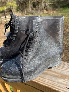 Sz 8 Urban Outfitter Black Silver Glitter Combat / Rain Boots Festival Party - Picture 1 of 4