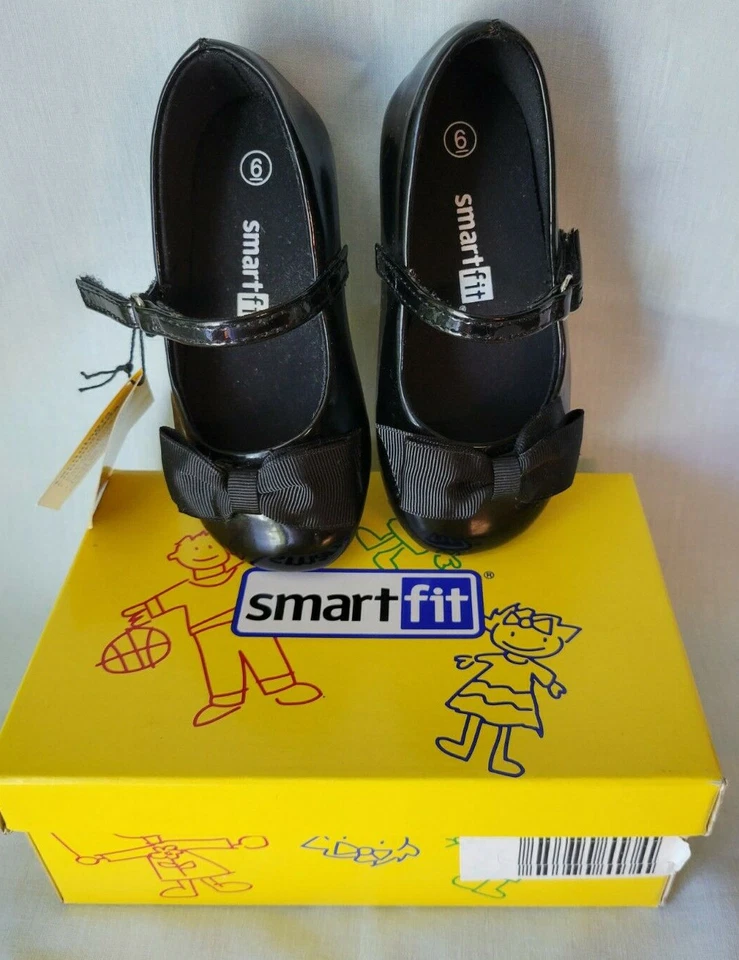 SMART FIT Girls Size 6 BLACK PATTEN LEATHER WITH CLOTH BOWES NEW ORIGINAL BOX - Image 1 of 4