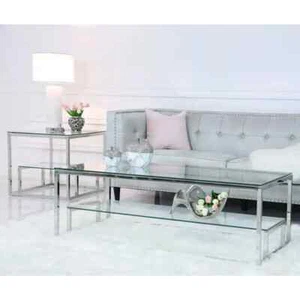 2 Tier Stainless Steel Glass Coffee Table Modern Living Room Decor - Picture 1 of 8