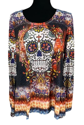 Top de mujer grande brillante calavera día de los muertos manga larga vacaciones de Halloween Foto 1 de 4