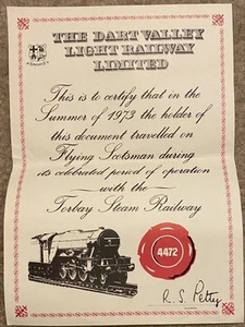 TORBAY STEAM RAILWAY FLYING SCOTSMAN CERTIFICATE- 8/9/1973 - Picture 1 of 2