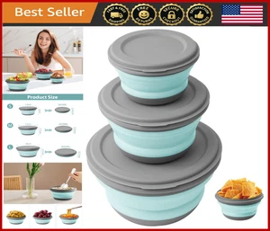 Collapsible Silicone Camping Bowl Set 3Pcs - Portable, Folding, with Lids, Green - Picture 1 of 8