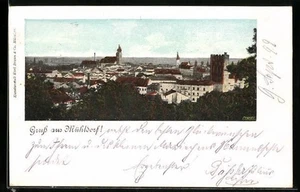 Goldfenster-AK Mühldorf, Totalansicht mit leuchtenden Fenstern 1899  - Picture 1 of 2