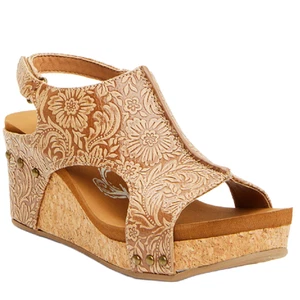 Very G Womens Isabella Tooled 2 Wedge Heel Platform Sandal, Tan - Picture 1 of 5