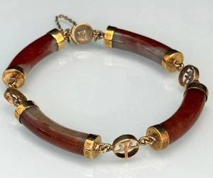 Vintage 14K Yellow Gold Onyx Agate Coral? Prosperity Bracelet 6.5" Approx 22g - Picture 1 of 9