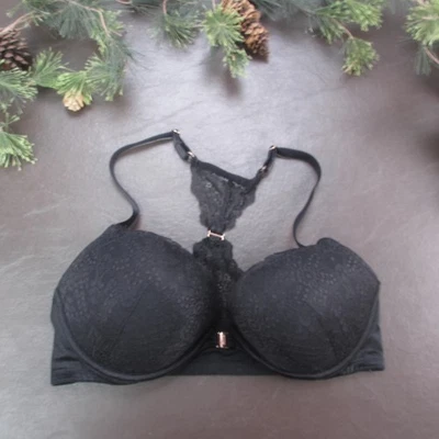 PINK Victoria's Secret Bra Womens 36D Black Lace Racerback Front Close Underwire - Image 1 of 4