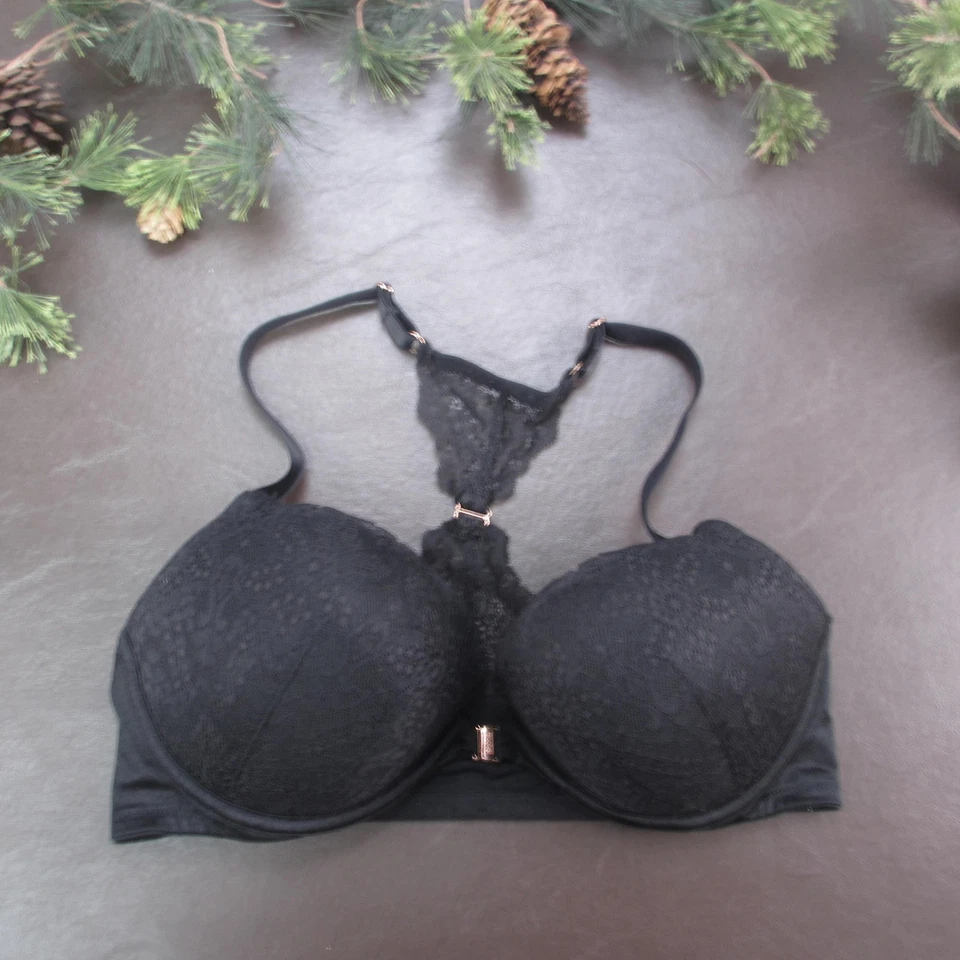 PINK Victoria's Secret Bra Womens 36D Black Lace Racerback Front Close Underwire - Image 1 of 4