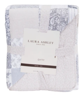 LAURA ASHLEY CELINA PATCHWORK QUILT QUEEN SET 3 PC. LIGHT GRAY COZY COMFORTABLE - Image 1 of 4