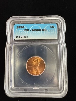 1996-P Die Break Error Lincoln Memorial Cent Penny 1C ICG MS 66 Red (RD) - Image 1 of 2