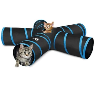 Cat Tunnel Toy 25x53cm Collapsible Tube with Bells Interactive Play Blue - Picture 1 of 9