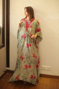 Crepé Seda Caftán Verde y Rojo Bata Vestido Largo Mujer Maxi Túnica Ps KFN2802 - Imagen 1 de 10