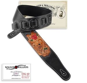 Walker & Williams CVG-12 Black Leather Padded Guitar Strap Grateful Skull & Rose