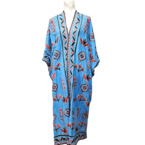 Zara Embroidered Blue Floral Kimono Kaftan Missing Belt Long Cotton Boho Size Sm - Picture 1 of 6