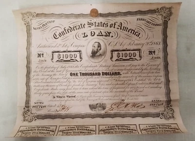 Feb. 20th 1863 Confederate States of America $1000 bond Stonewall Jackson - Image 1 of 4