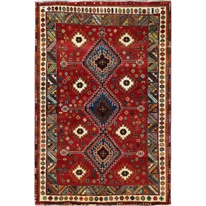 4 Fuß 1 Zoll x 6 Fuß 6 Zoll Rot Vintage Zoroastrisch Geometrisches Design Handgeknüpfter Wollteppich R851 - Bild 1 von 7