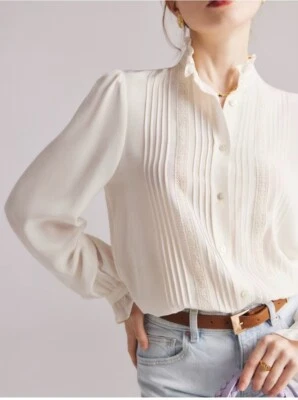 $298 Polo RALPH LAUREN 丝绸奶油纽扣衬衫褶皱尺寸 6 — 第 1/4 张图片