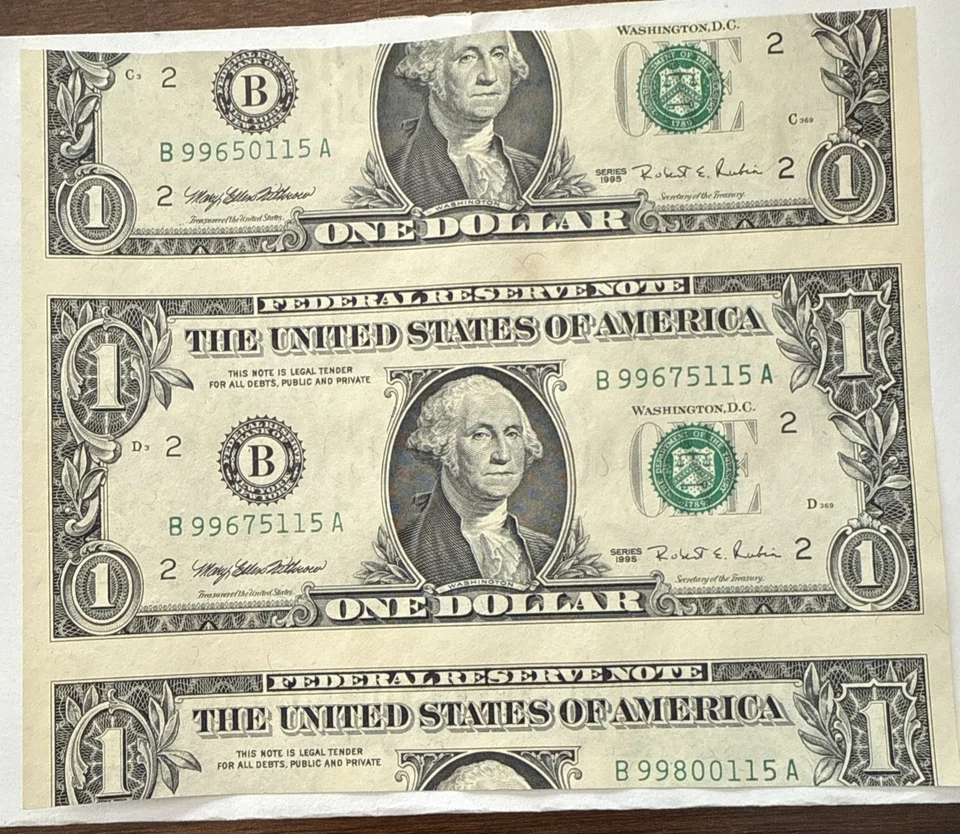 1995 $1- MISCUT/MISALIGNMENT NOT AN ERROR CUT FROM BEP ISSUED SHEET - Image 1 of 4