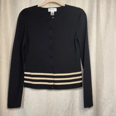 Cárdigan Rena Rowan Mujer Mezcla Seda - Pequeño Negro Detalle Rayas Manga Larga Usado en Excelente Condición Foto 1 de 4