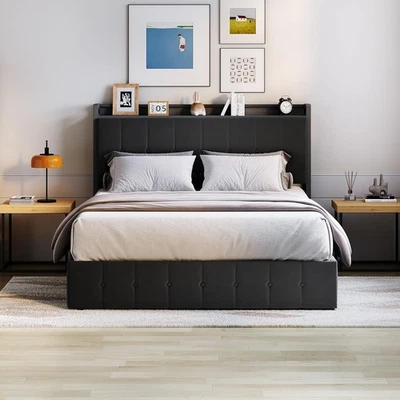 Cabecero de plataforma de metal tapizado con marco de cama de almacenamiento elevador soporte hidráulico Foto 1 de 4