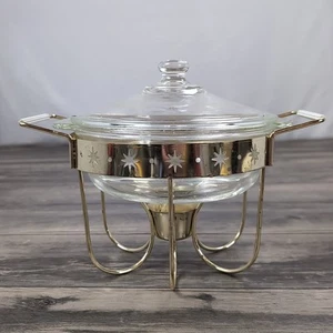 FIRE KING 1 1/2 Qt Clear Glass Divided Casserole Dish W Lid Warming Stand Atomic - Picture 1 of 20